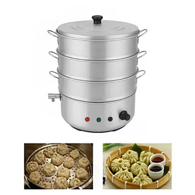 Aluminum 10 Inch Electric Operated 3 Tier Momo Steamer With Tap, Rice, Corn Steamer For Commercial Use