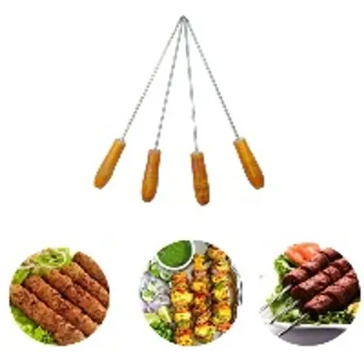 NE GRILLS 9 Inch Barbeque Grill Skewers with Wooden Handle (Quantity-4 Pcs)