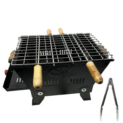 NE GRILLS Charcoal Barbeque Grill Set With Foldable Legs For Home and Picnic Use with 4 skewers, 1 SS Grill, 1 Tong