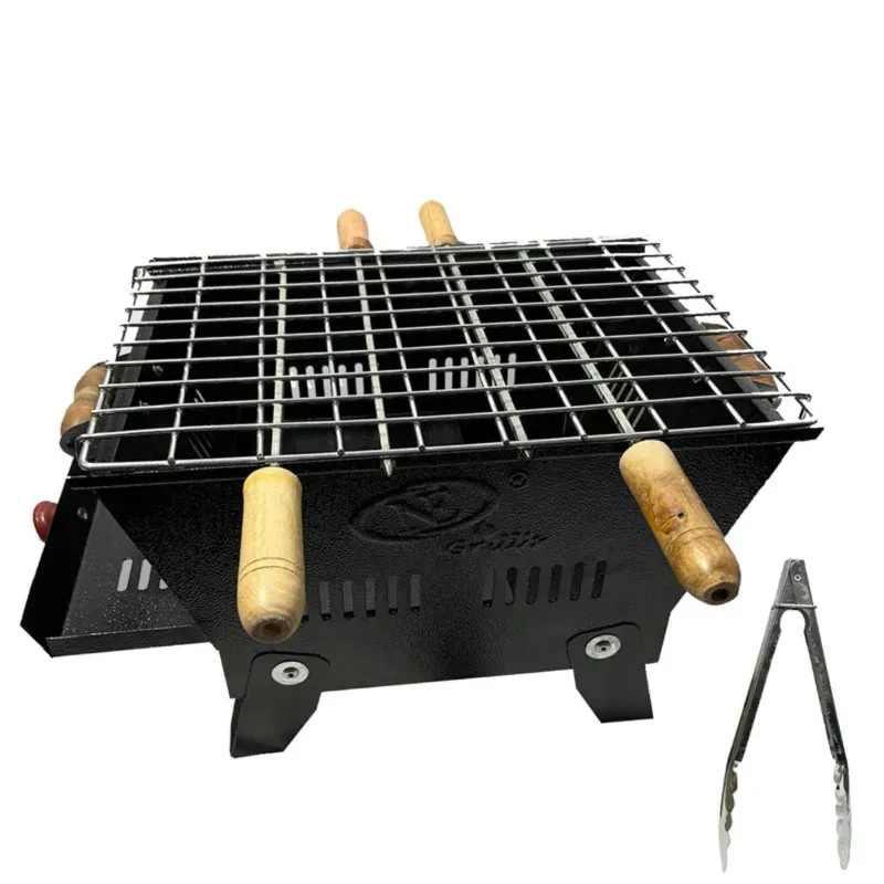 NE GRILLS Charcoal Barbeque Grill Set With Foldable Legs For Home and Picnic Use with 4 skewers, 1 SS Grill, 1 Tong