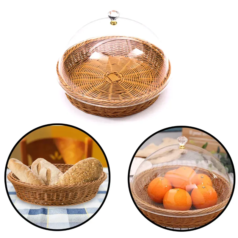 9 Inch Round Polypropylene Bread/Pastry Basket with Dome Cover for Bread Rolls, Desserts, Fruits