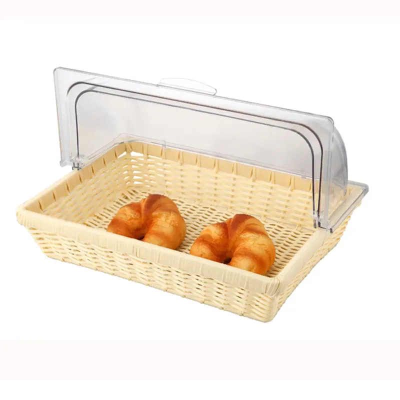 24 Inch Rectangular Bread Basket with Roll Top Lid For Catering, Hotel Breakfast Buffets, Bakery and Café Displays