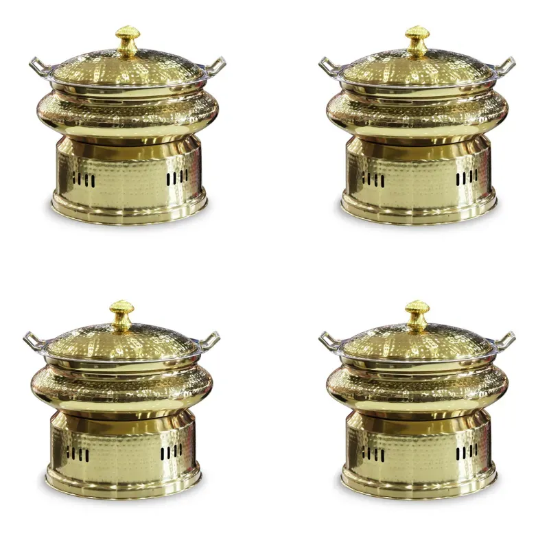 Malabar 8 Litre Hammered Stainless Steel Golden Round Chafing Dish with Lid (Pack-Pack of 4)