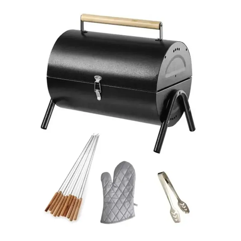 STARCAVE 41 cm Black Metal Powder Coated Barrel Charcoal Barbeque Grill with 10 Skewers
