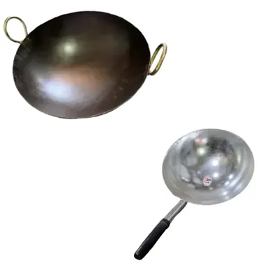 SBWG Combo of SBWG 18 Inch Iron Kadhai and 12 Inch Wok Iron Pan for Hotel/Food Stall Usages
