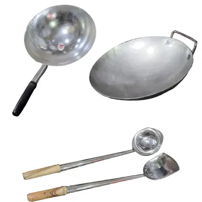Combo Pack of 1 Pc Round Iron Kadhai, 1 Pc Wok Iron Pan, Turner and Ladle