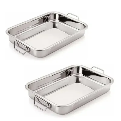 SS Premium 16 x 11 x 3 Inch Rectangular Deep Tray With Handle (Pack-Pack of 2)