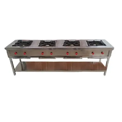 Mira Steels Steel High Capacity Cooking Station 96 x 24 x 30 Inch SS Four Burner Range For Large Scale Institutional Kitchens