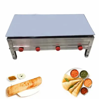 High Capacity 24 x 48 Inch Table Top SS Dosa Bhatti with 8 mm Plate Thickness and 21 Inch 4 RV Burners