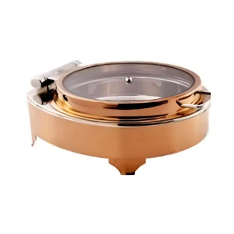 Heavy Duty Full Glass Round Shape Chafing Dish With E Frame Full Rose Gold and Stainless Steel Body, 6 Litre