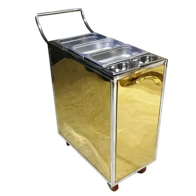 High End Catering Gold Plated Mirror Steel 3+2Pot 15 x 42 x 34 Inch Live Snacks Trolley or Banquet Service For Hotel Banquets