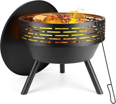 23-Inch Round Cast Iron Fire Pit with Lid, Wood Burning BBQ Grill Bowl, Includes Handle and Poker