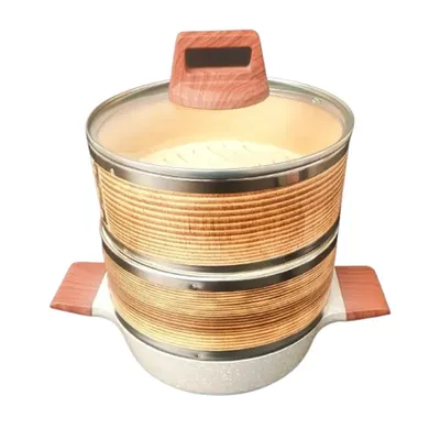 2 Tier Ceramic Kadai with Wooden Dimsum Baskets & Stainless Steel Reinforcement Rings for Tabletop Serving & Steaming