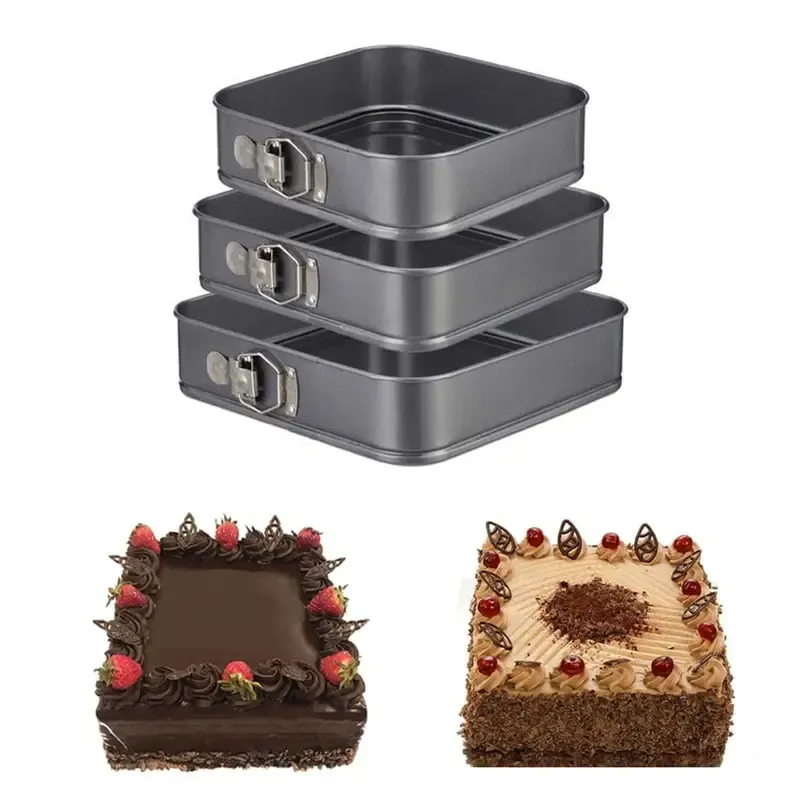 Pack of 3 Pcs Teflon Square Shape Cake Mould Non-Stick Removable Base Tin Black