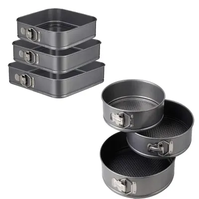 Combo of Teflon Square Shape and Round Shape Cake Mould, Non-Stick Removable Base (Pack of 6)