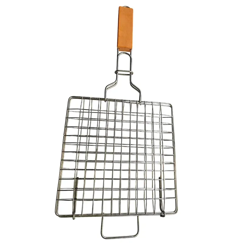 11 x 17 Inch Stainless Steel Barbeque Grilling Net Basket With Wooden Handle
