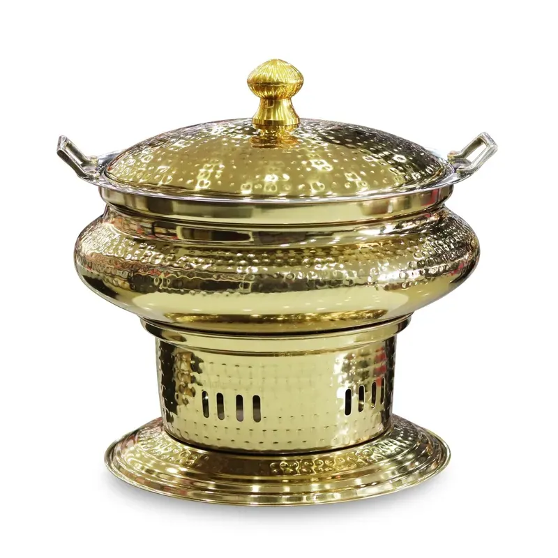 Malabar Round Hammered Stainless Steel PVD Coated Golden Chafing Dish, with Lid and 6 Litre Capacity