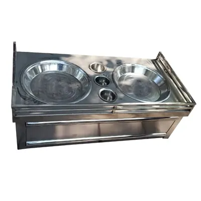 Stainless Steel Chat Counter with 2 Large and 3 Small Pot Container for Serving Bhel Puri, Sev Puri, and Dahi Chat