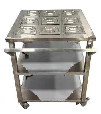 GBE SS 28 x 28 x 34 Inch Masala GN Pan Trolley with 9 Pot 1/6 150 mm GN PAN