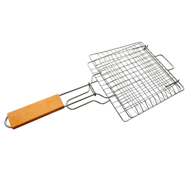 SS 9 x 13 Inch Barbeque Grilling Net Basket With Wooden Handle