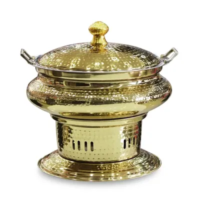 Malabar SS Round Hammered PVD Coated Golden Chafing Dish, with Lid and 8 Litre Capacity