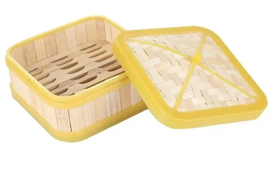 22 cm Square Shaped Bamboo Based Wooden Dimsum Basket with Yellow Border