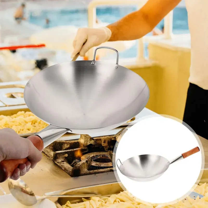 Malabar Heavy Duty Stainless Steel Chinese Wok Kadai with Strong Wooden Handle, Toxin-Free & No Chemical Coating (Size-30 cm)