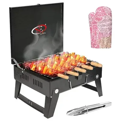NE GRILLS Charcoal Barbeque Grill With Wooden handle Skewers and Grill Tools