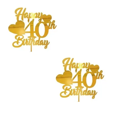 Happy 40th Birthday Cake Topper, Gold Acrylic, Elegant Script with Heart Design for Milestone Celebration (Pack of 2)