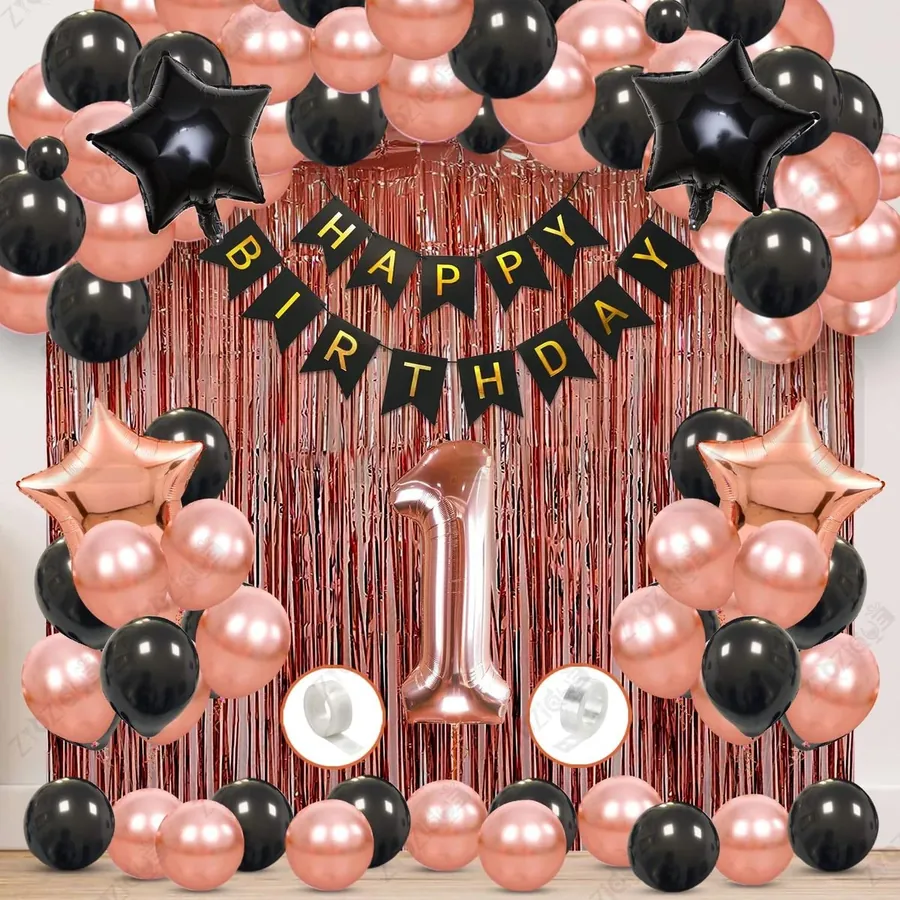 60pcs Birthday Party Decorations Set, Rose Gold & Black Balloons, Birthday Banner, Foil Curtain, Star Balloon (Pack of 3)