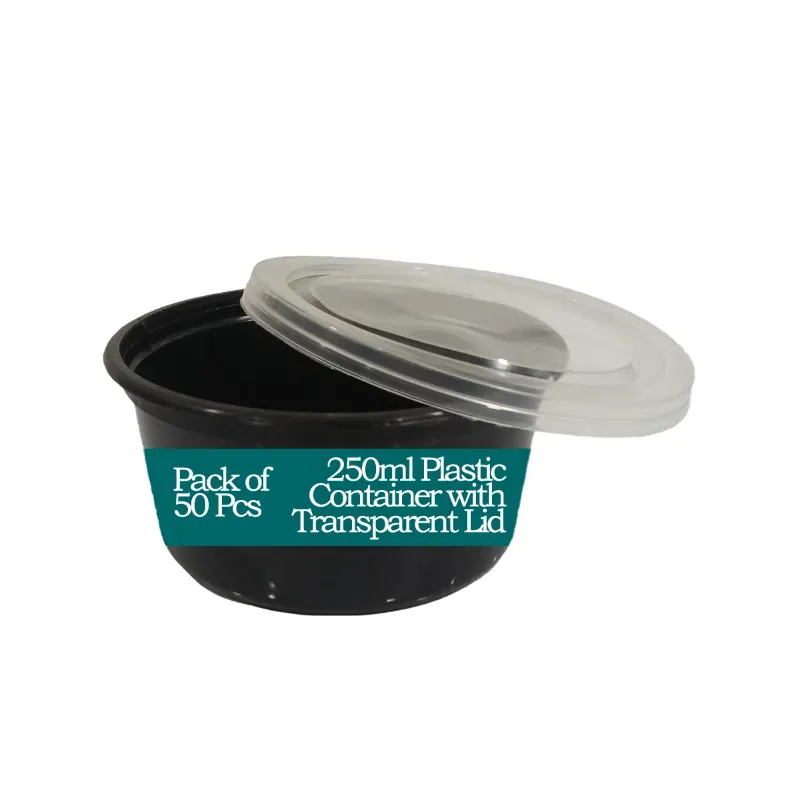 250 ml Black Round Plastic Container with Transparent Lid for Food Delivery, Takeaway and Packaging (Pack-50)