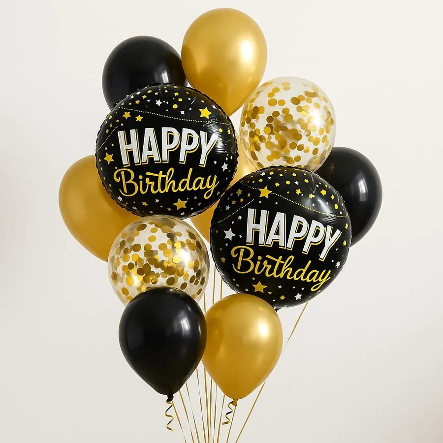 AMFIN x 20Pcs Kit of Black & Golden Happy Birthday Round Foil Balloon Combo, Decoration Items (Pack of 5)