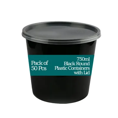 750 ml Black Round Plastic Food Containers With Transparent Lid for Food Delivery, Takeaway and Packaging (Pack-50)