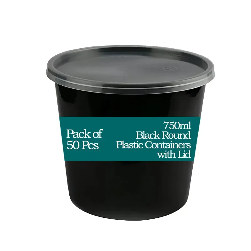 750 ml Black Round Plastic Food Containers With Transparent Lid for Food Delivery, Takeaway and Packaging (Pack-50)