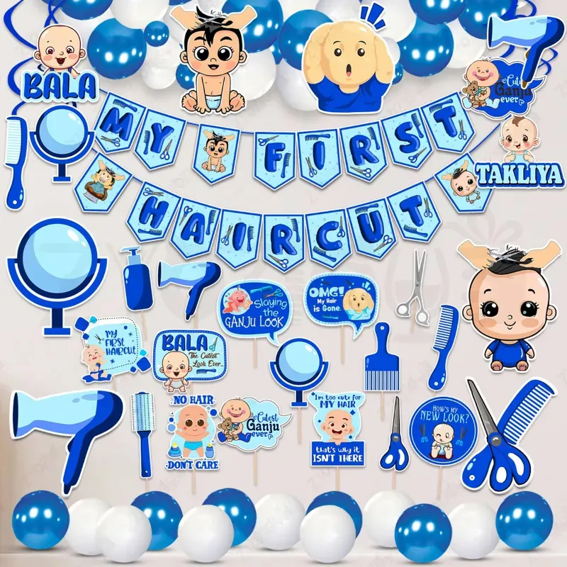 54 Pcs Blue Baby First Hair Cut Mundan Ceremony Backdrop Decor Kit (Pack Of 3)