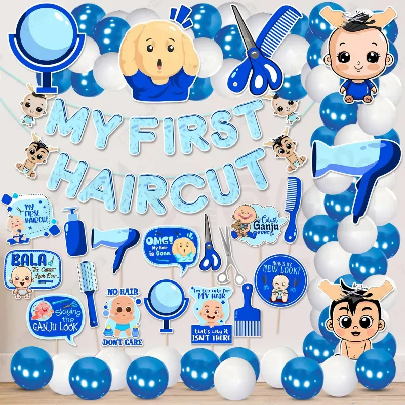 48 Pcs Blue Theme Mundan Ceremony Decoration Kit 1st Hair Cut Paper Banner Balloons Cardstock Cutouts Props (Pack Of 3)