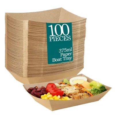 100 Pcs, Brown Paper Boat Tray for Snack, Cookies (Capacity-375 ml)