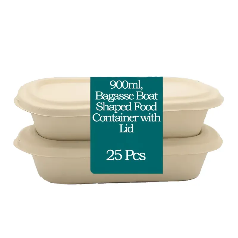 Premium 900 ml Bagasse Boat-Shaped Food Container with Lid (Pack-25 pcs)