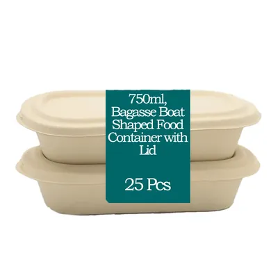 750 ml, Bagasse Boat Shaped Food Container with Lid, Bio-Degradable (Pack-25 pcs)