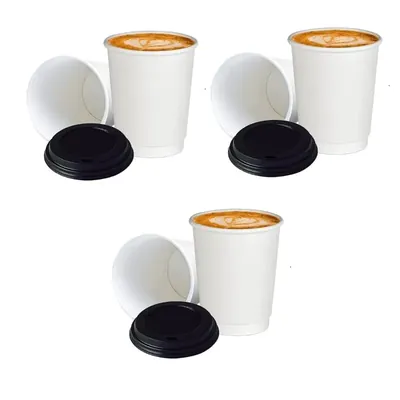 210 ml Disposable White Double Wall Paper Cups 500 Pcs Heat Resistant Insulated Cup with Black Lid for Coffee, Cold Drink