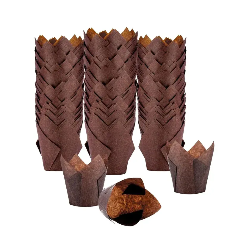DEERA Brown Tulip Cupcake Liners Muffin Paper Moulds for Elegant Baking (Pack-50 Pcs)