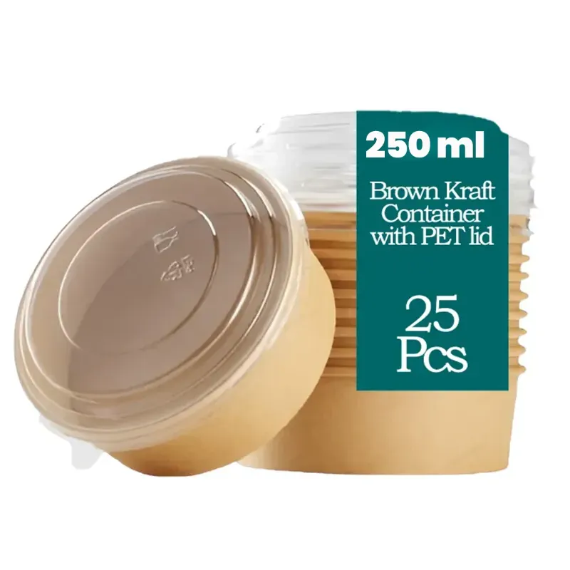 250 ml Brown Kraft Paper Tubs with Transparent PET Lid for Food Packaging and Takeaway (Pack-25 pcs)