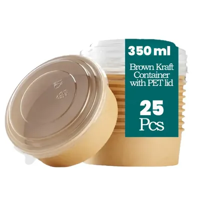 350 ml Tall Brown Kraft Paper Tubs with Transparent PET Lid (Pack-25 pcs)