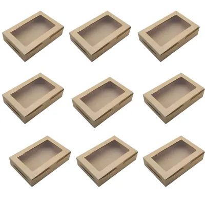 100 Pcs, 9 x 6 x 2 Inch Kraft 350 GSM Window Brownie Box, Ideal For 6 Brownies, Sliced Cakes and Bakery Takeaway