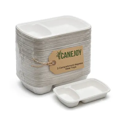 CANEJOY, 2 CP Sugarcane Bagasse Meal Tray Plate, Food Serving Partition Plate for Party, Canteen & Food Service (Pack-50 pcs)