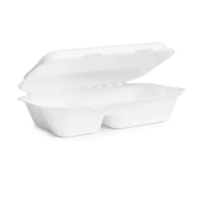 Premium 10 x 6 Inch 2 Compartment Bagasse Clamshell Take Out Food Containers for Food Packaging and Takeaway (Pack-25 pcs)