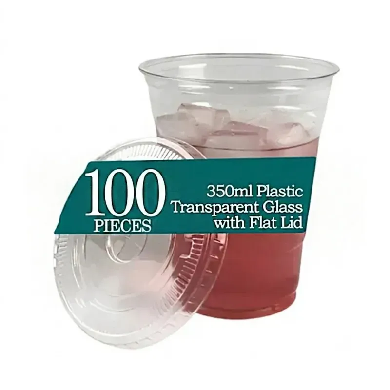 HORECA DISPOSABLE 350 ml Deluxe Clear PET Glass with Flat Lids, Crystal Transparent Disposable Glass for Iced Coffee, Smoothies (Pack of 100)