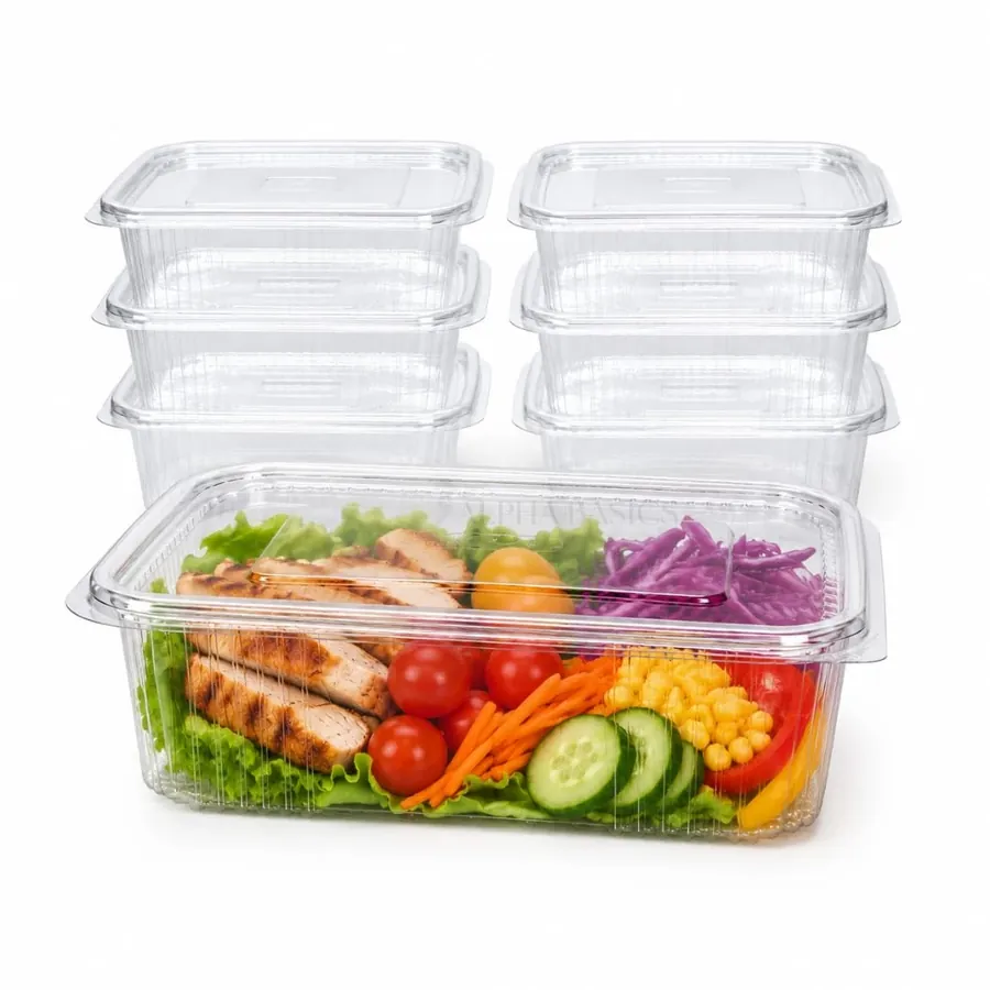 1250 ml, 200 Pcs, Food Delivery & Kitchen Storage Box, Transparent Reusable Air Tight Hinged Container with Flat Lid