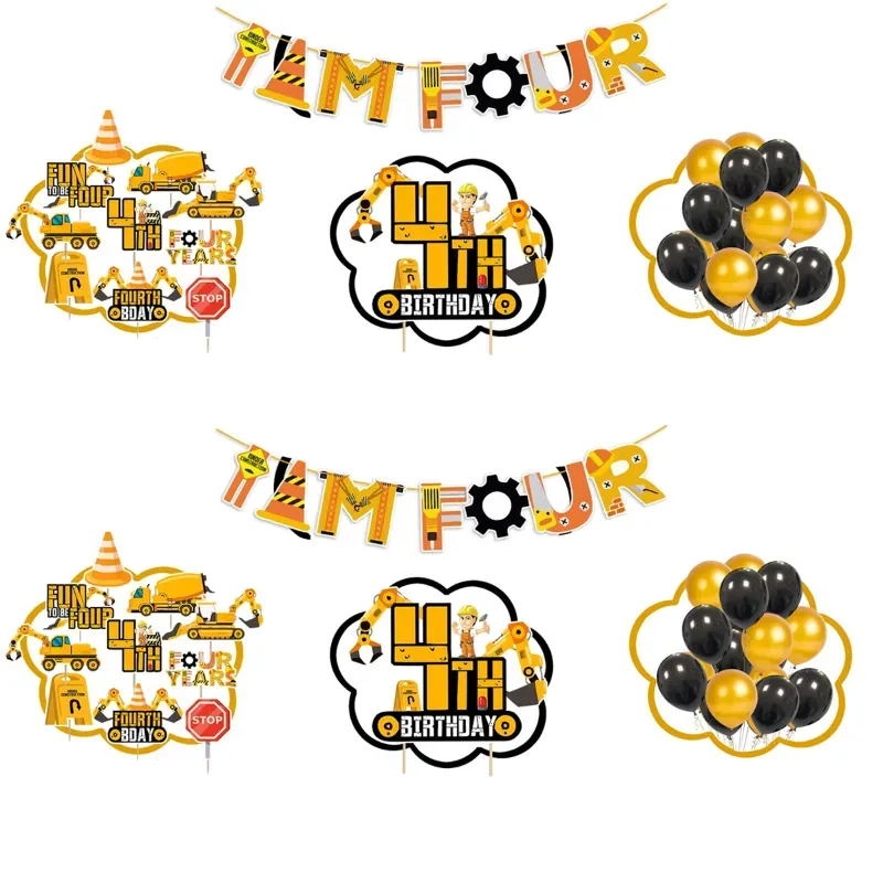 37 Pcs Under Construction Theme 4th Birthday Cake & Cupcake Toppers with I AM FOUR Banner and Balloons (Pack of 2)
