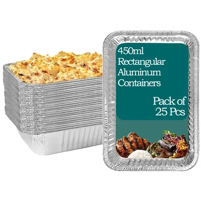 450 ml Aluminum Rectangular Disposable Container with White Paper Lid for Safe and Secured Food Packaging (Pack-25 pcs)